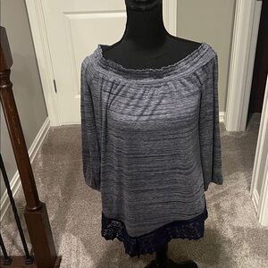Style & Co. Heather Gray Blouse with Navy Lace Trim